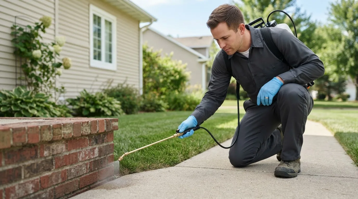 Pest control technician treating a home near Geneseo, IL