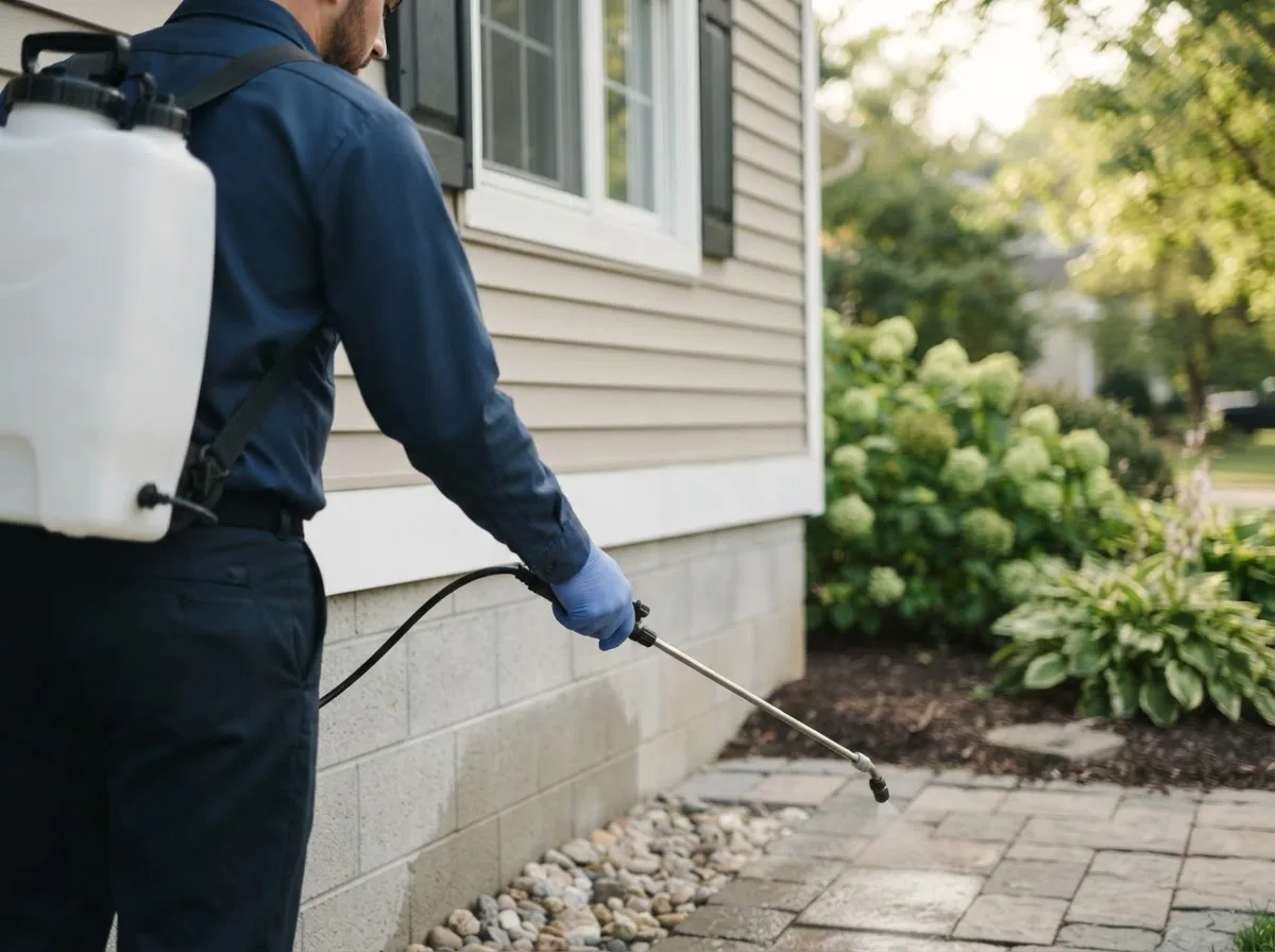 Pest control technician inspecting a home in Geneseo, IL
